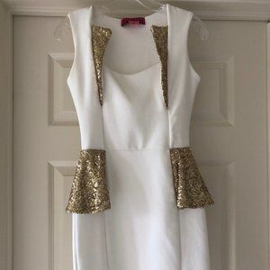WOMENS BOOHOO WHITE PEPLUM AND GOLD DRESS
